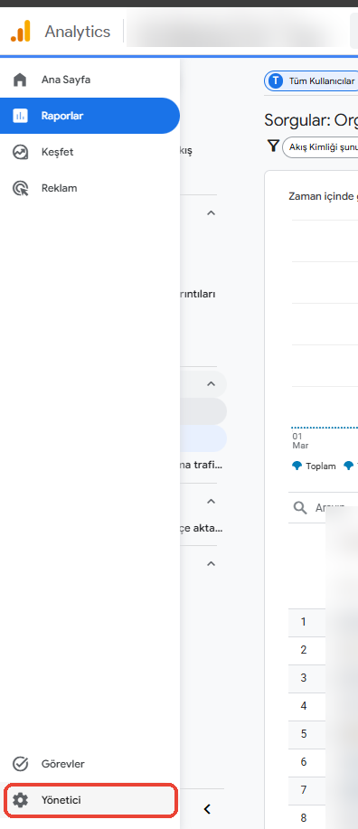 Google Analytics 4 sol menüsü açıkken en altta Yönetici seçeneği işaretli