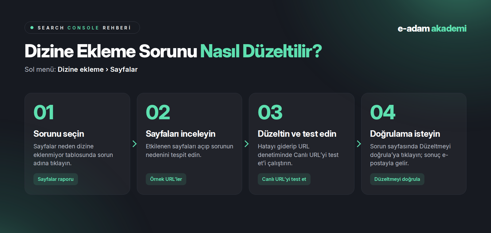 Search Console dizine ekleme sorununu düzeltme adımları: sorunu seçin, sayfaları inceleyin, düzeltip test edin, doğrulama isteyin