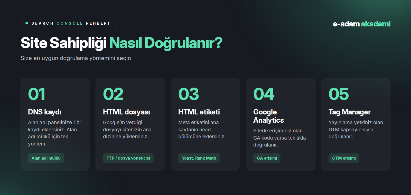 Search Console site sahipliği doğrulama yöntemleri: DNS kaydı, HTML dosyası, HTML etiketi, Google Analytics, Tag Manager