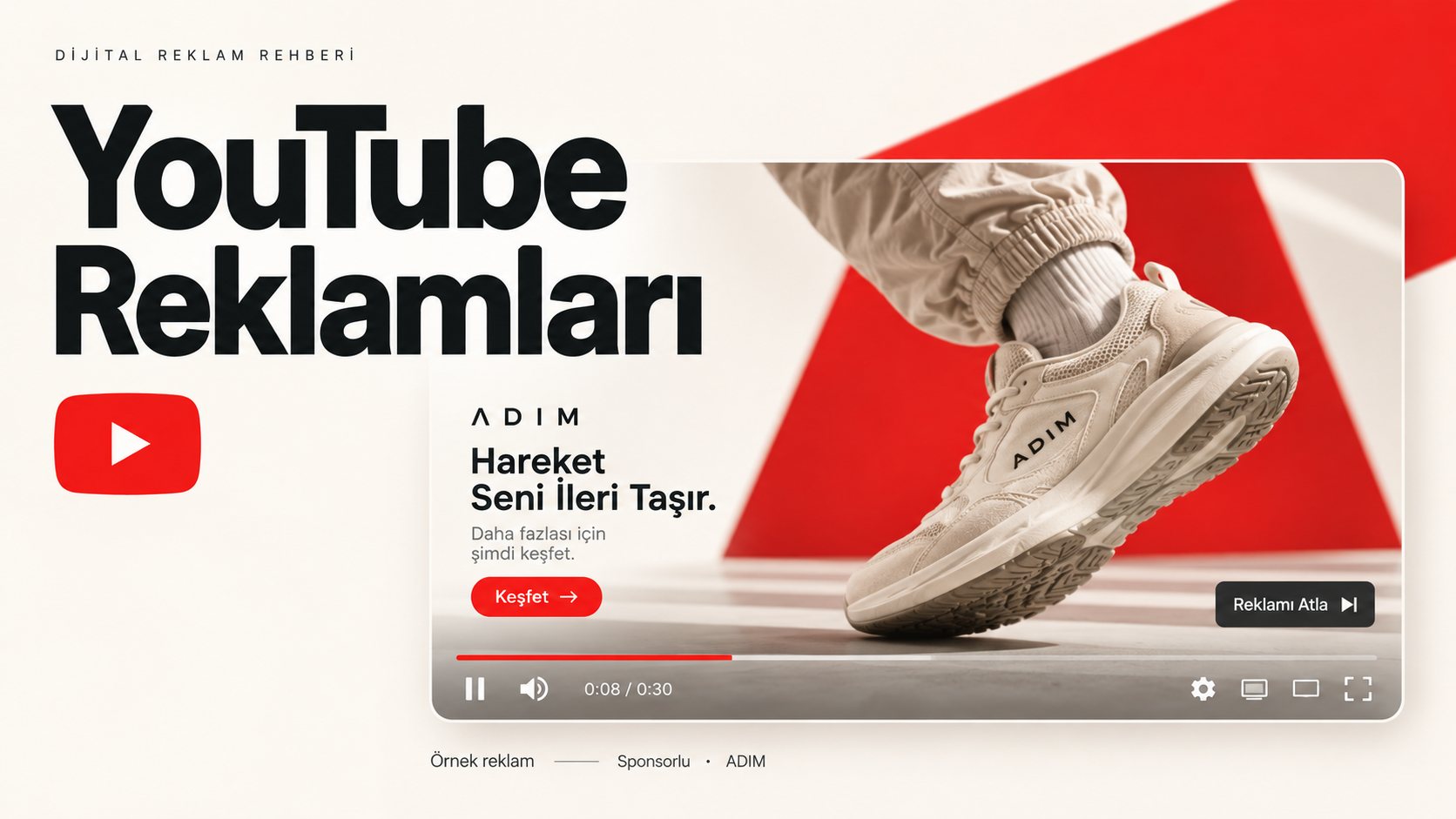 YouTube video boyutu örneği: 16:9 Reklamı Atla butonlu video içi reklam görünümü